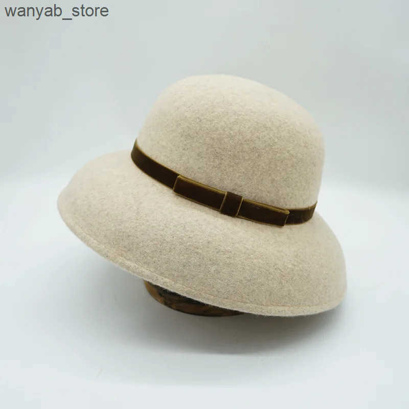 Cloches Autumn and Winter% Wool Hat Bell Hat Womens French Elegant Retro Hepburn Round Big Brim Hat L240910