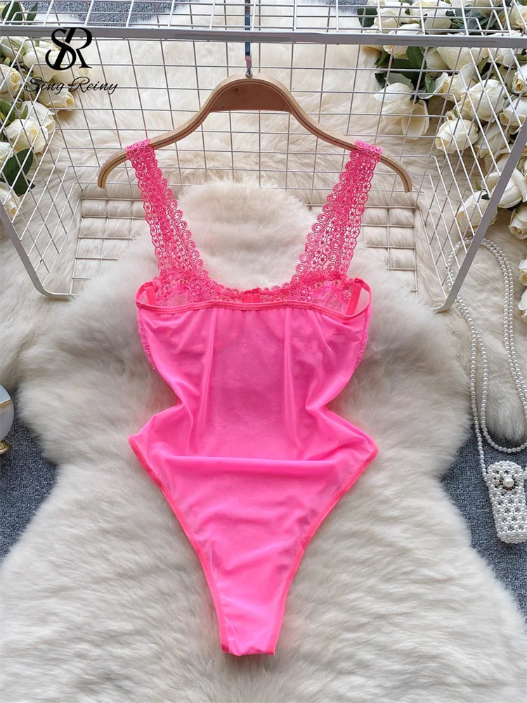 SINGREINY Women Lace Lingerie Erotic Rompers Fashion Sheer Skinny Short Playsuits Porno Solid Open crotch Underwear Sexy Rompers 241205