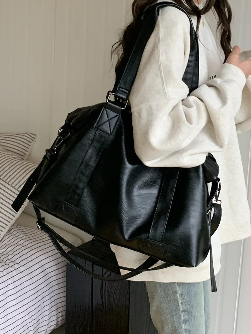 Large Capacity Black Shoulder Bags For Women Shopper Bag Solid Color Soft Leather Crossbody Handbag Lady Travel Tote 241204
