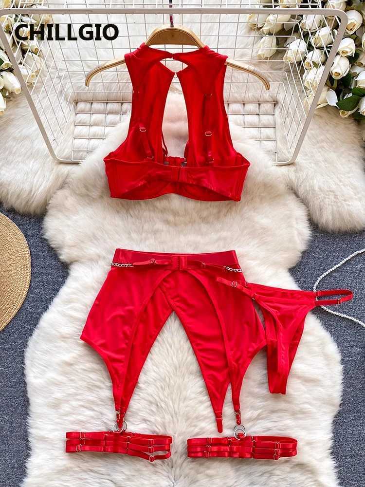 LLGIO Women Chain Sexy Bra Briefs Suits Fashion Three Pieces Bra Underpants Outfit Bodycon Sexy Solid Push Up Lingerie SetsXJ241205