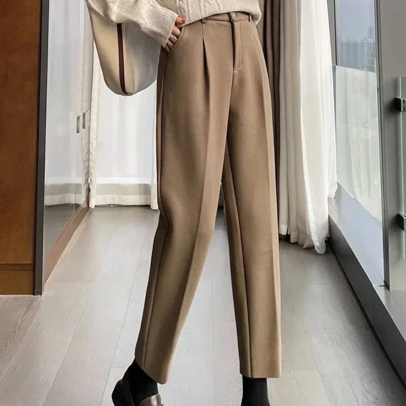 Elegant Woolen Pant Autumn Winter Fashion High Waist Trouser Female Casual Fleece Ninepoint Black Outwear Suit Pants 241205