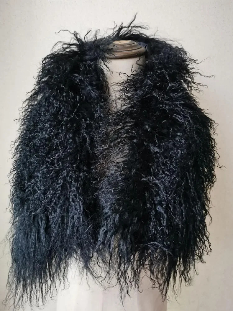 Real Mongolian Sheepskin Scarf Womens Winter Warm Collar Natural Curly Black 241205