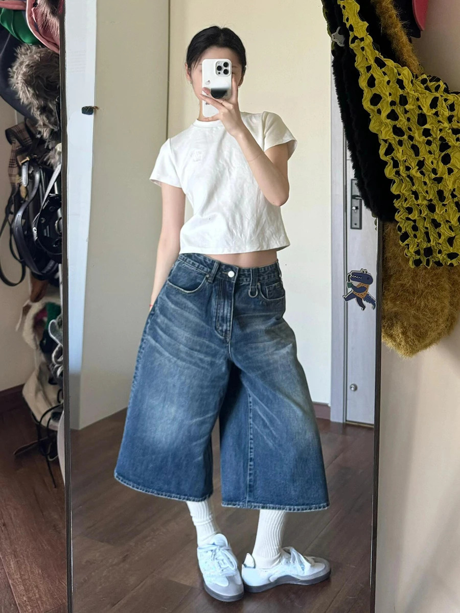 2024 Vintage Wash Whiskers Denim Shorts Women Low Rise Distressed Frayed Wide Leg Baggy Jeans Jorts Casual Summer Clothes 241204
