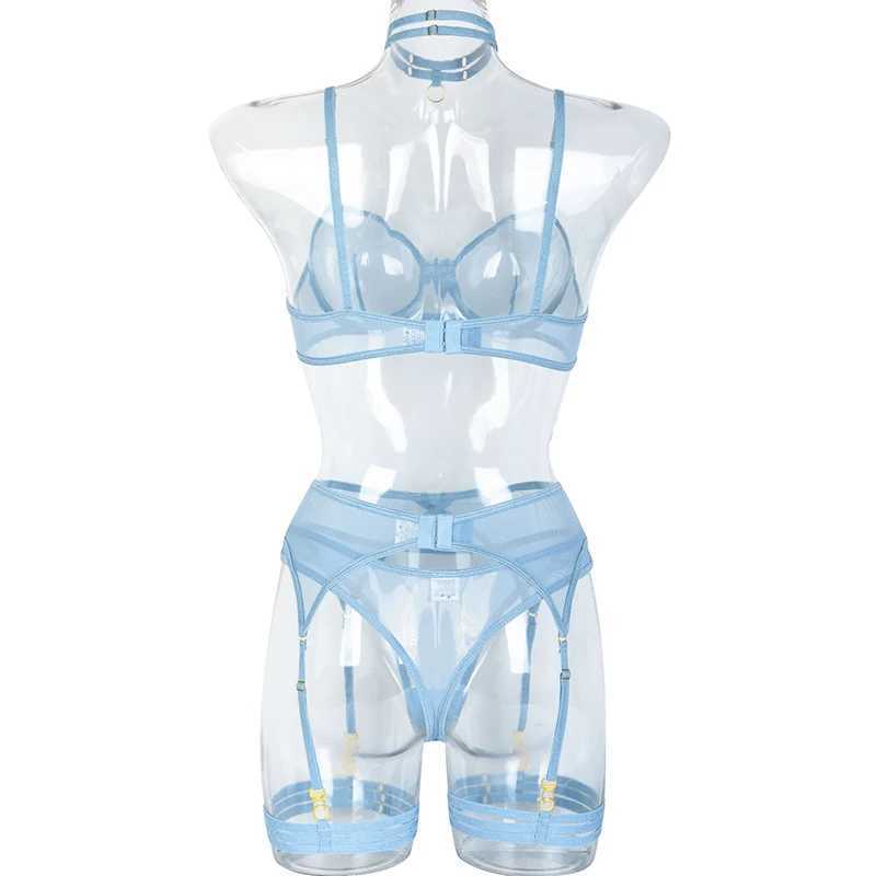 3pcs Ladies Sexy Solid Sensual Lingerie Set Mesh Underwear Women Push Up Bra Garters Brief Sets Transparent Blue BraXJ241205
