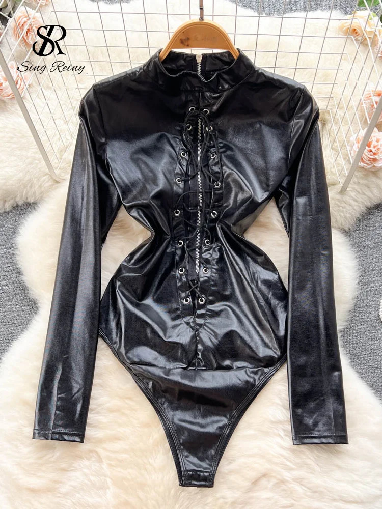 SINGREINY Autumn Drawstring PU Leather Sexy Rompers Women Zipper Open crotch Slim Bodysuits Fashion Corset Streetwear Playsuits 241205