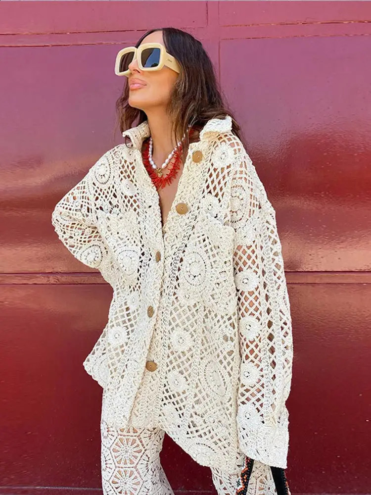 Casual Crochet Hollowed Out Shirt Pants Suit Fashion Single Breasted Lapel Top Wide Leg Sets 2024 Lady Outfits 241205