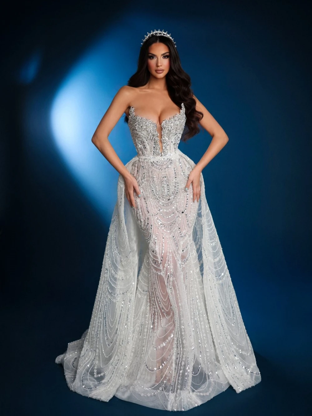 New Shiny Hand-sewn Beads Rhies Bride Robe Detachable Train Wedding Dress Customized illusion Bridal Gown vestidos de novia