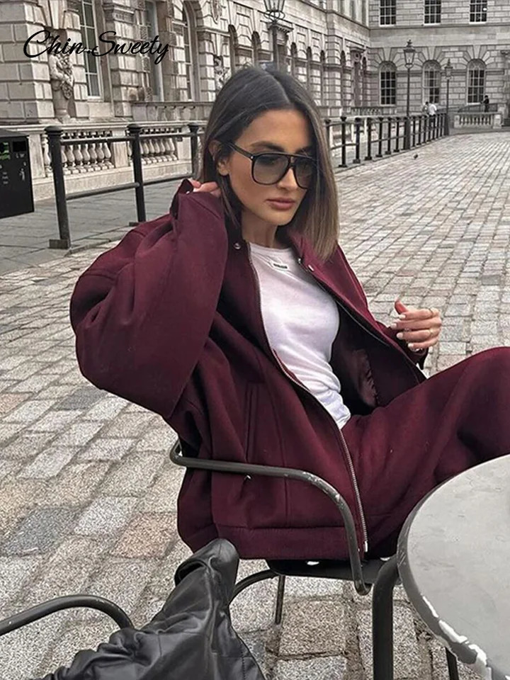Fashion Loose Baseball Jacket Women Autumn Casual Oversized Zipper Pockets Wine Red Bomber Coat Vintage Thick Warm Outwear 241205