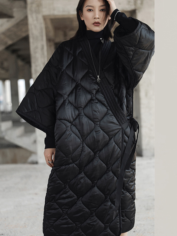 Bandage Big Size Long Cotton-Padded Coat V-Collar Three-Quarter Sleeve Women Parkas Fashion New Autumn Winter