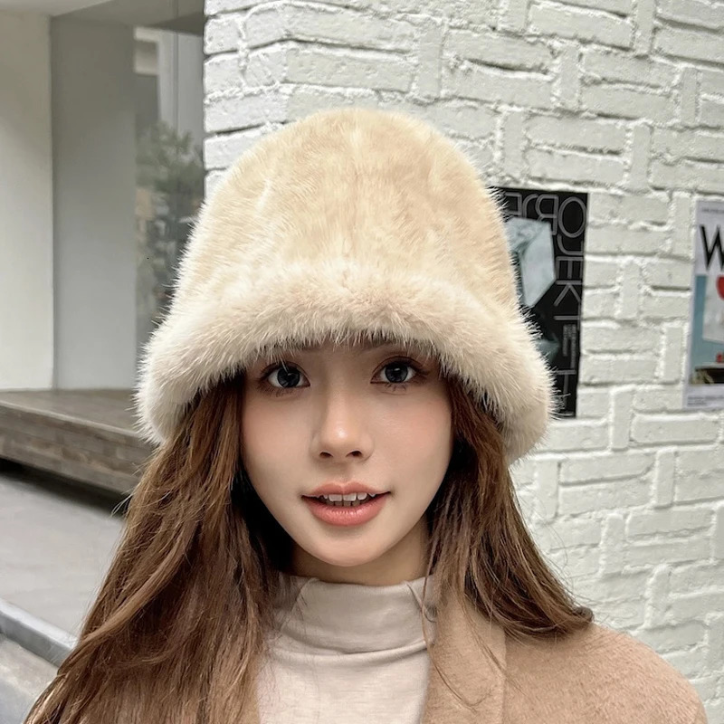Winter Womens 100% Genuine Mink Bucket Hat Natural Warm Mink Hat Womens Outdoor Fashion Genuine Mink Hat 241205