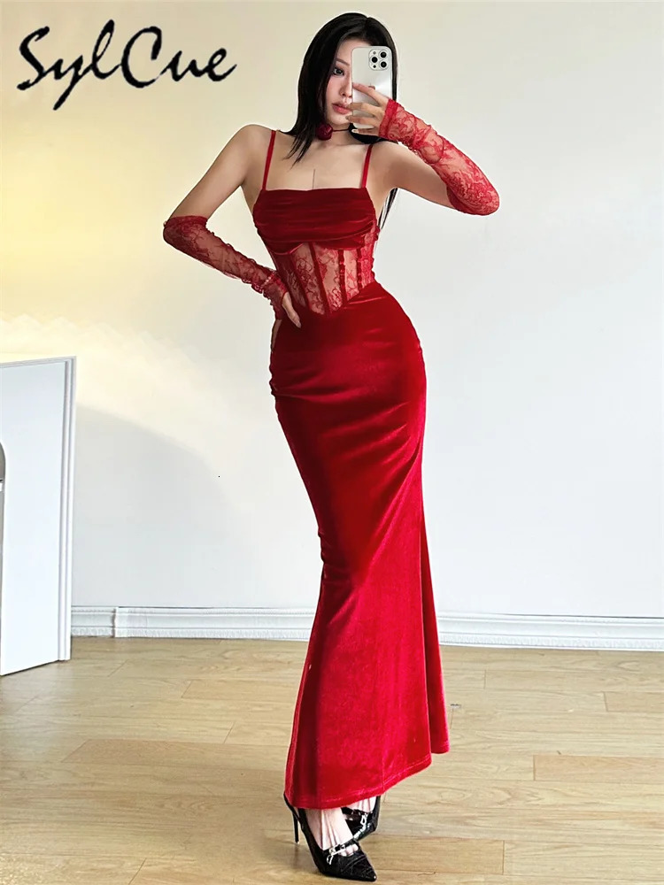 Sylcue Winter Sisters Party Formal Elegant Mature Sexy Beautiful Dirty WomenS Long Lace Fishbone Sling Dress With Sleeve 241205