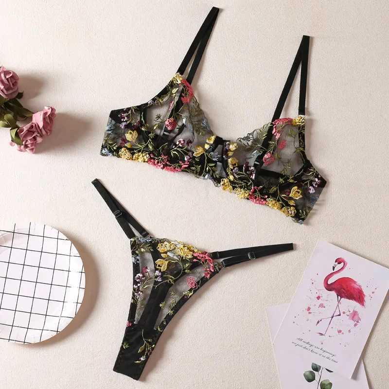 Floral Embroidery Lingerie Set Women Sheer 2-Piece Boho Bra + Panty Underwear Set IntimatesXJ241205