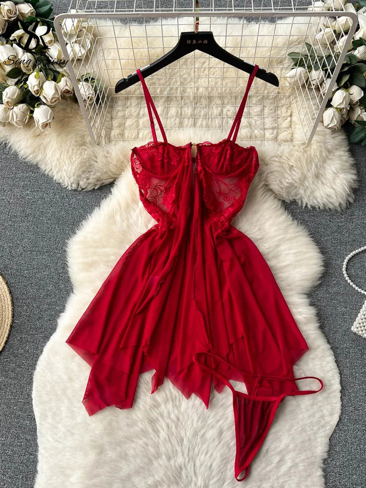 SINGREINY Sensual Sleepwear Porno Night Dress Women Mesh Spliced Camis Nightgowns Summer Split Sexy Sheer Pajamas Dress 241205