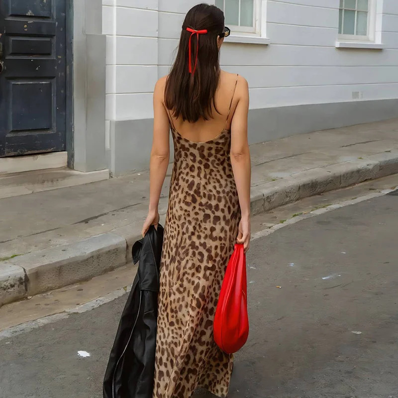 Vintage Leopard Print Chiffon Sexy Cami Dress Women V Neck Sleeveless Party Dress Fashion Summer Streetwear Dress 241205