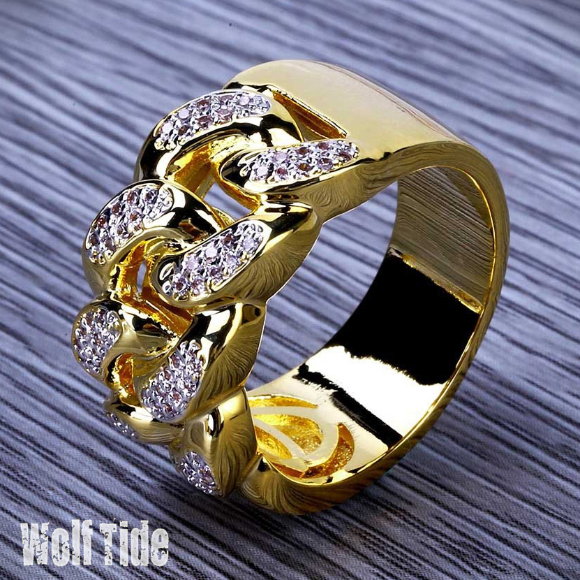 13mm Size 7-11 New In 18K Gold Plated CZ Cubic Zirconia Hollowed Cuban Link Chain Hollow Rings Band Diamond Hip Hop Diamond Finger Jewelry Gifts For M