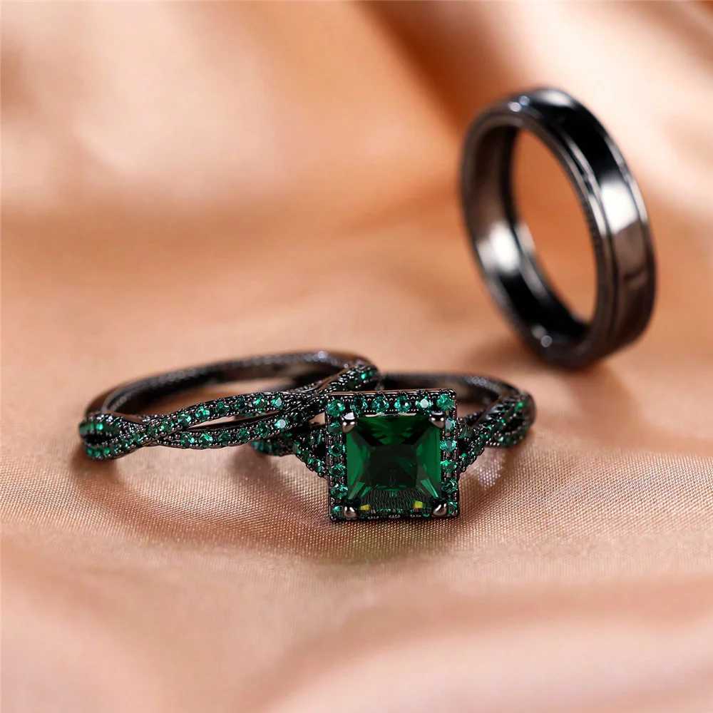 Luxury Womens Crystal Blue Zircon Engagement Ring Set Retro Black Gold Womens Wedding Jewelry W241205