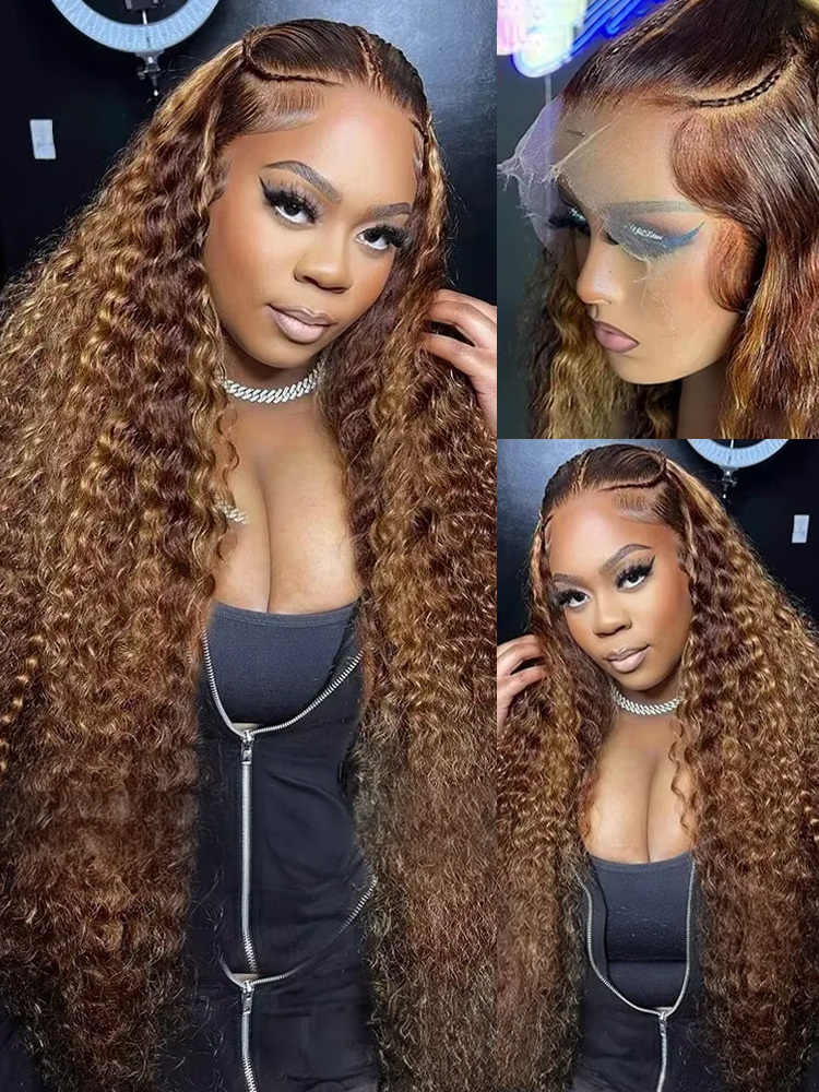 4/27 Highlight Ombre Deep Wave HD Front 200 Density Curly 30 Nch 13X5 Brown 13X6 Lace Frontal Human Hair Wig Brazilian