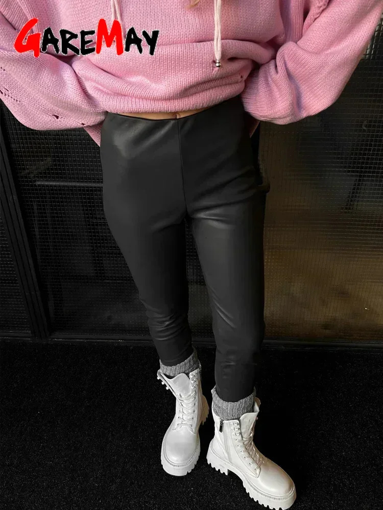 Winter Womens Leather Pants Black Slim Zipper Casual Leather Trousers Pencil Thick Brown Pu Faux Leather Pants for Women 2024 241204