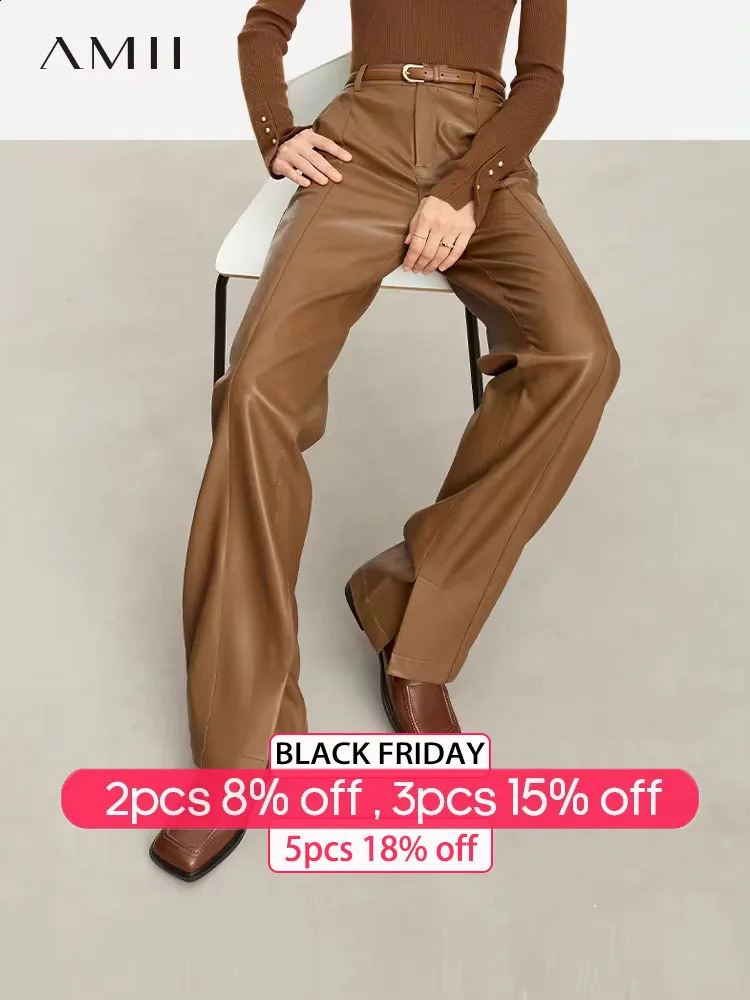 AMII Minimalist PU Leather Casual Pants for Women 2024 Autumn Loose Floor Length Straight Slit Female Trousers 12343250 241205