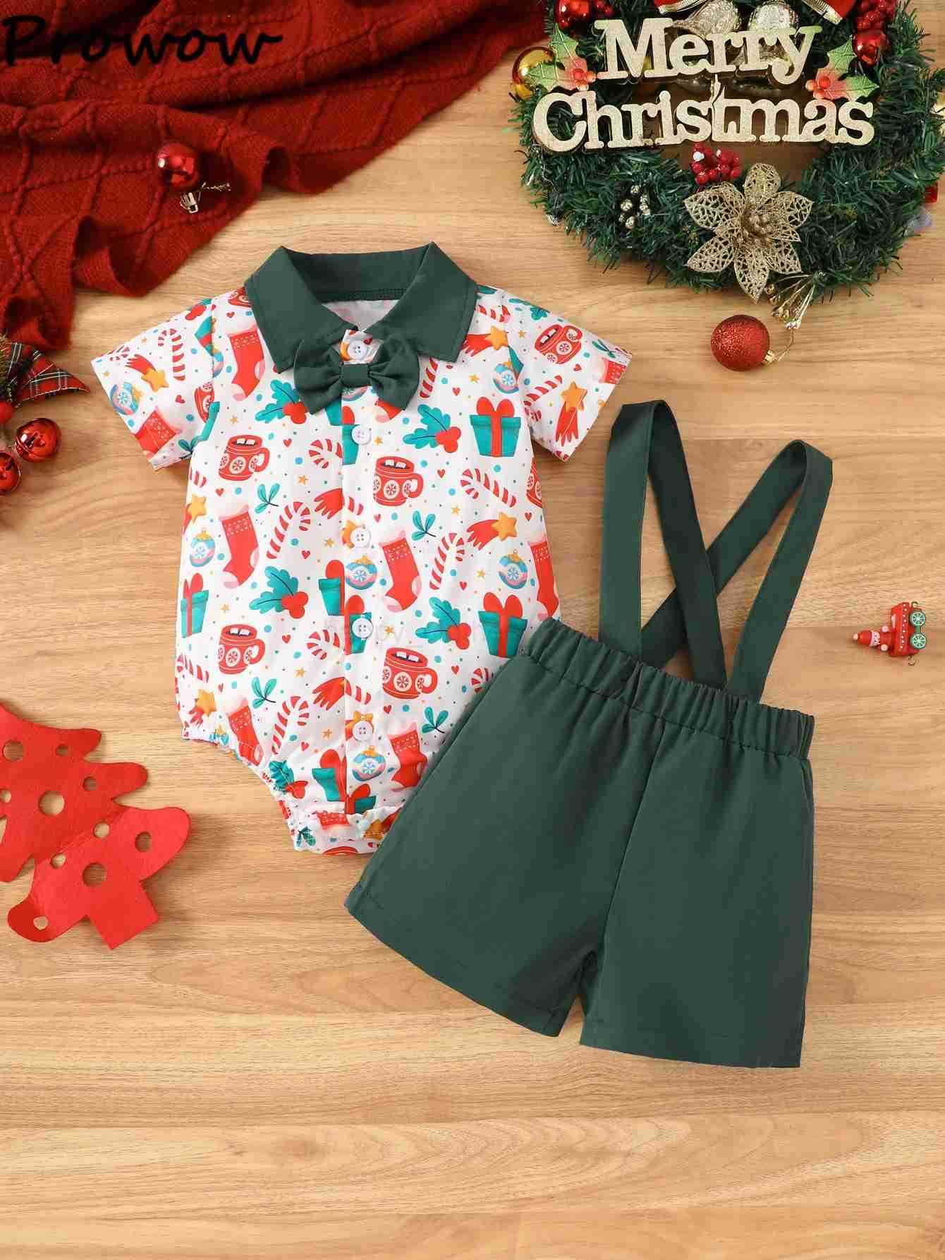 Pro Baby Boys Christmas Outfits Xmas Print Necktie Shirts Romper+Suspender Pants Newborn Christmas Sets New Year Baby CostumeXJ241205