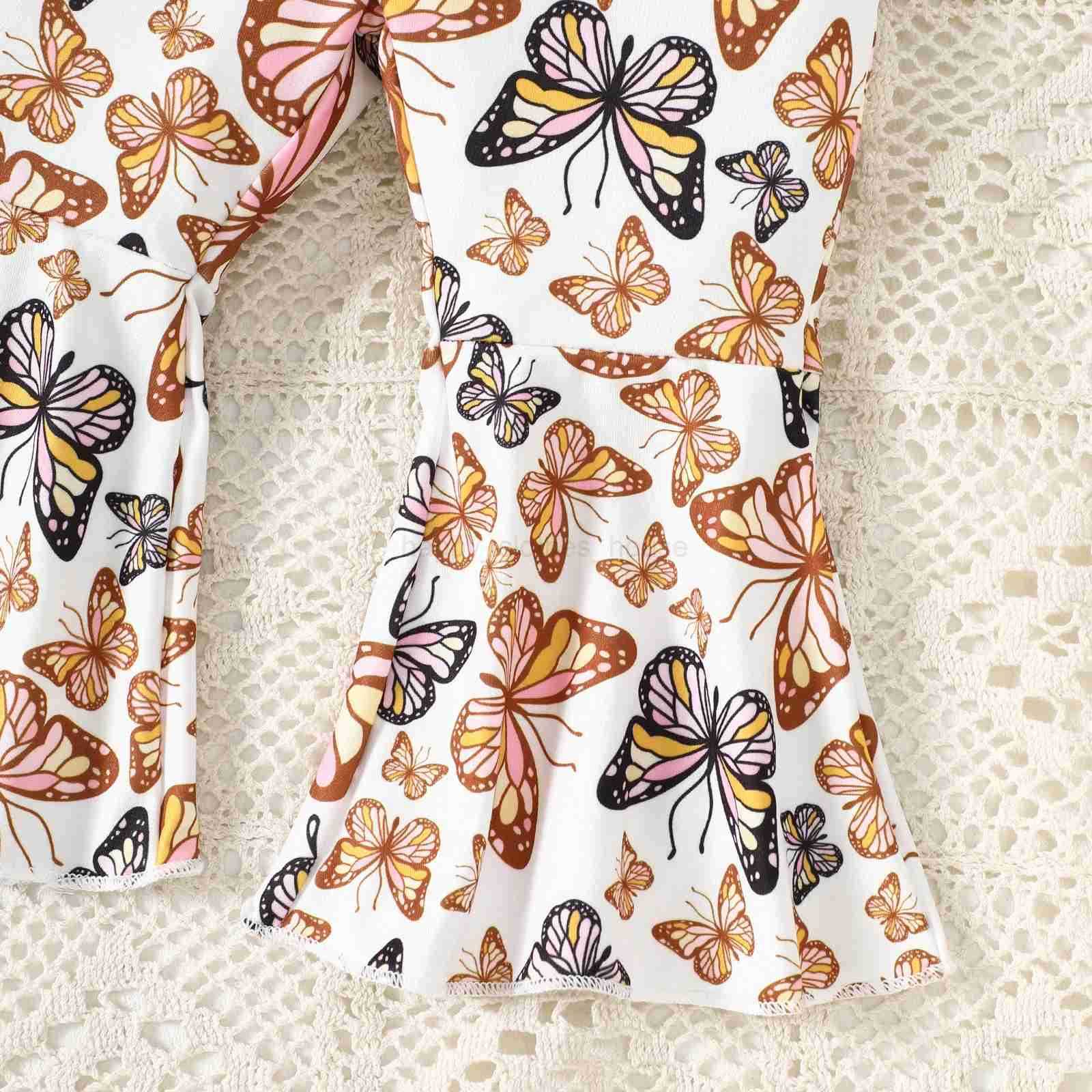 Baby Girls Fall Clothes Sets Long Bubble Sleeve Ribbed Romper+Butterfly Print Bow Flare Pants+Hair Band Infants 3Pieces OutfitsXJ241205