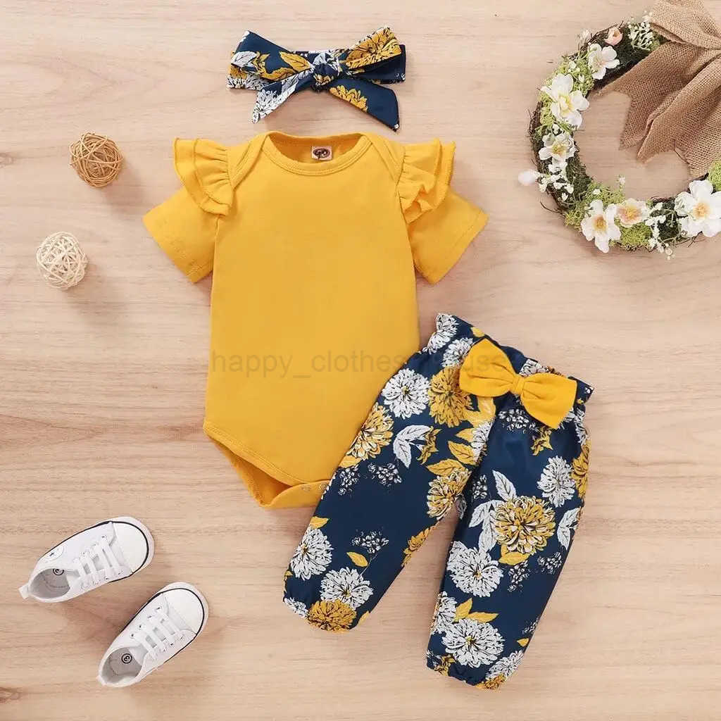 Newborn Baby Girls Clothing Set Short Sleeve Bodysuit +Floral Pants with Bow + Headband 3PCS Outfits Toddler Baby Girl ClothingXJ241205