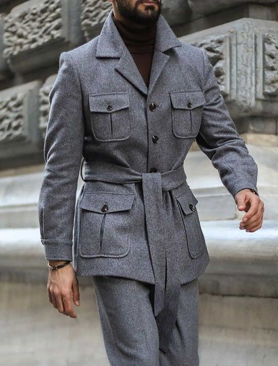 Customized Gray Woolen Mens Tuxedos Slim Fit Notched Lapel Groom Wedding Wear Winter Warm Jacket Pants Suits 2 Pieces