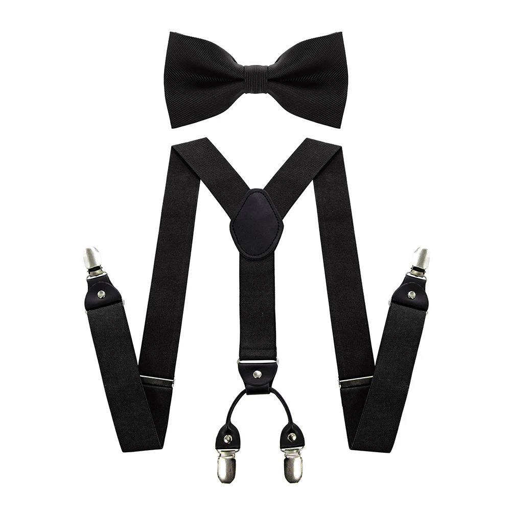 Fashion Suspenders Men Elastic Band Bowtie Set Leather 6 Clips Brace Male Vintage Casual Wedding Party Husbands Gift 241122