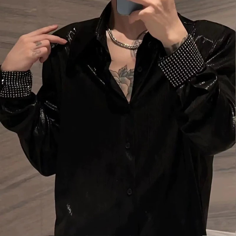 Spring and Autumn Solid Color Fashion Long Sleeve Mens Long Sleeve Shirt Mens Street Casual Button Open Mens Diamond Top 241204