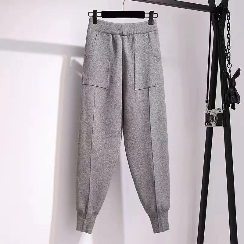Womens pants autumn and winter casual black knitted pants loose elastic spring pants autumn nine oclock pants 241202