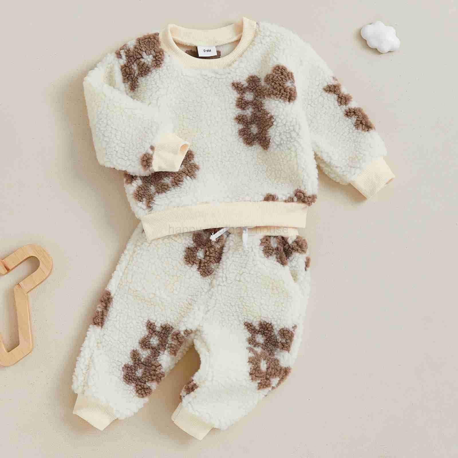 Infant Baby Girls 2 Piece Flannel Clothes Fall Winter Floral Fuzzy Long Sleeve Sweatshirt and Elastic Pants Outfits SetXJ241205