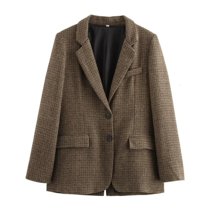TRAF Plaid Blazer Women Autumn Office Lady Button Pocket Decoration wool blend Female Chic Outwear Blazers 241204