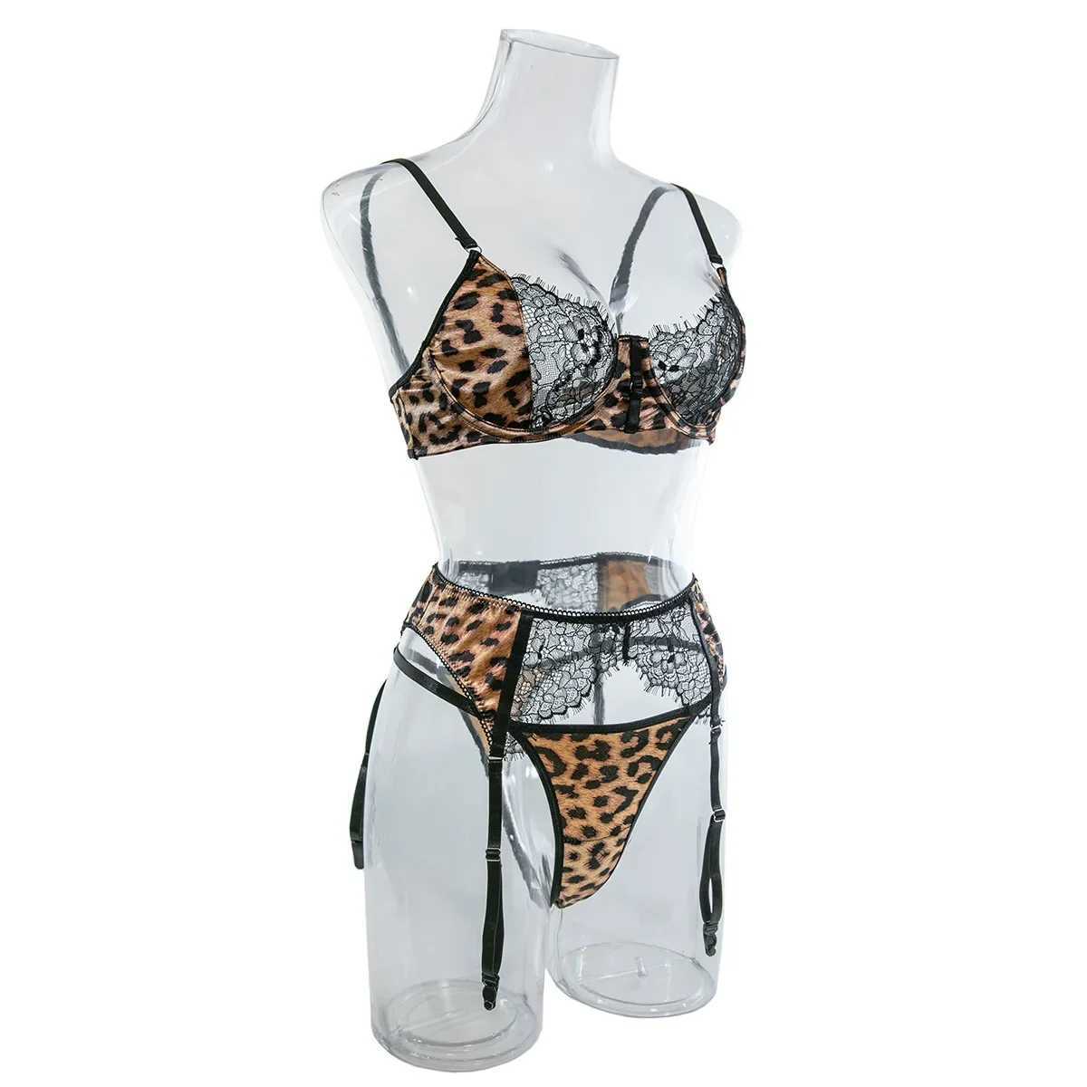 Sexy Wild Leopard Printed Lace Patchwork Lingerie Set Women Comfortable Three Piece Bra and Panty Set Female Exotic Apparel SuitXJ241205