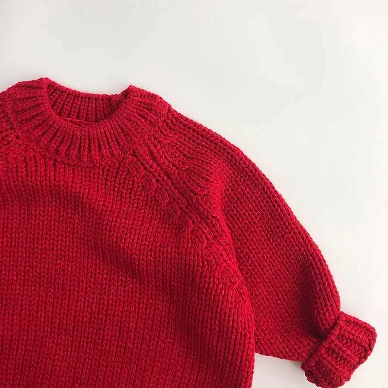 Baby Red Knitted Loose Sweater Childrens Boys and Girls New Years Top Childrens Thick Winter Knitted Soft Long Sleeve Baby Pulling Flower W241205