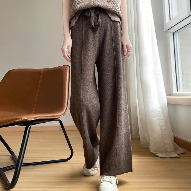 2024 Womens Cashmere Pants Sports Pants Womens Autumn and Winter High Waist Drawstring Warm Pants Knitted Cashmere Warm Pants 241204
