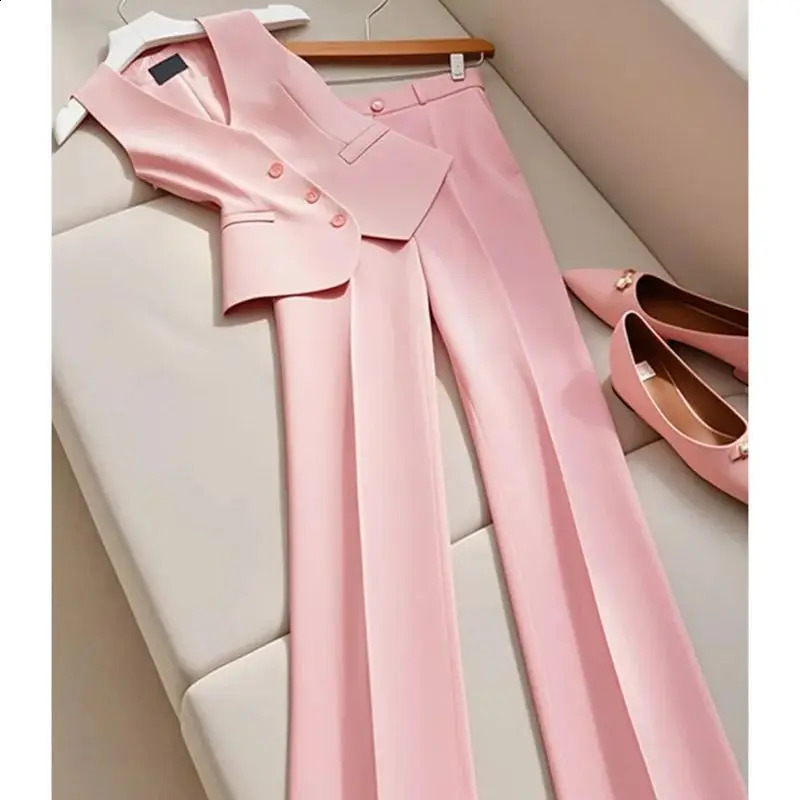 Fashion Office Lady Suit Womens VNeck Single Breasted Blazer Vest High Waist Wide Leg Pants 2Piece Set Formal Outfits 268P 241205