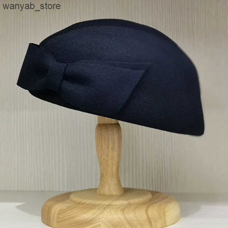 Cloches Retro style womens winter wool hat with bow decoration dress charming beret formal church new tilted L240910 L0910