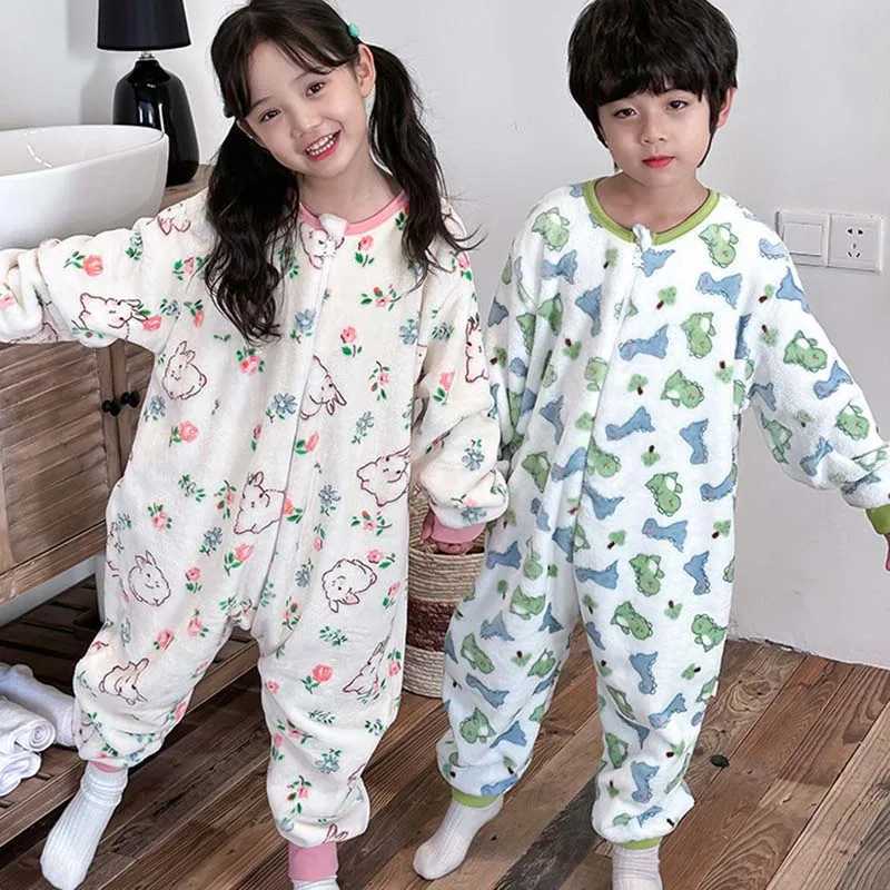 Pajamas kids winter plush pajamas children pandas bear sleepwear keep warm kigurumi for boys girls flannel Fleece sleeper bag costume H241205