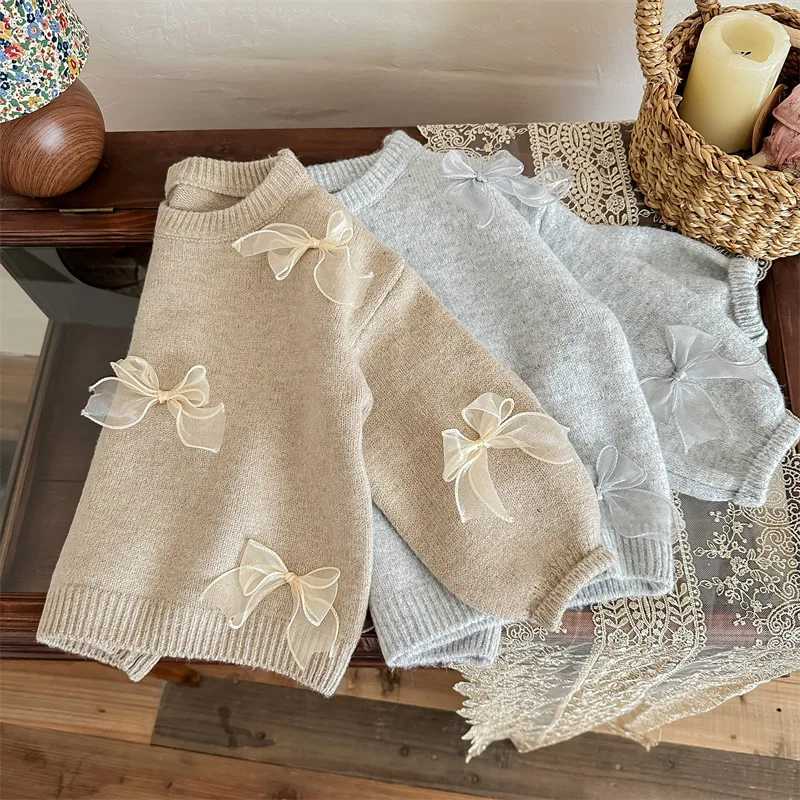 South Korean Slee Childrens Clothing Autumn New Girl Baby Solid Bow Sweater Winter Fashion Sweet Childrens Princess Knitted Sweater W241205