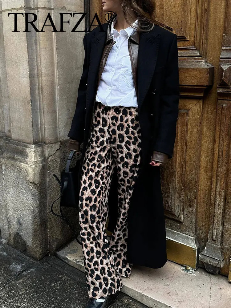 TRAFZA 2024 Women Vintage Y2k Pants High Waist Leopard Print Straight Pant Casual Fashion Spring Womens Chic Trousers Y2K TRAF 241204