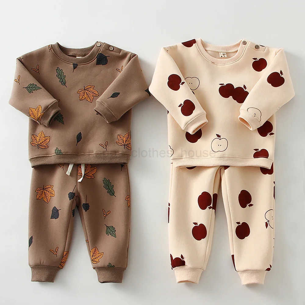 Thicken Printed Baby Outfits Autumn Winter Fleece Sweatshirt Top + Pants 2Pcs Toddler Boys Girl Clothes SetsXJ241205