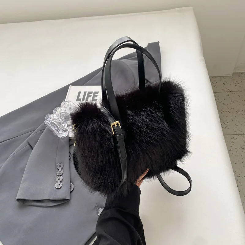 Artificial fur handbag patch work leather womens bucket plush womens handbag shoulder bag Bright Bolsa Feminina 241205