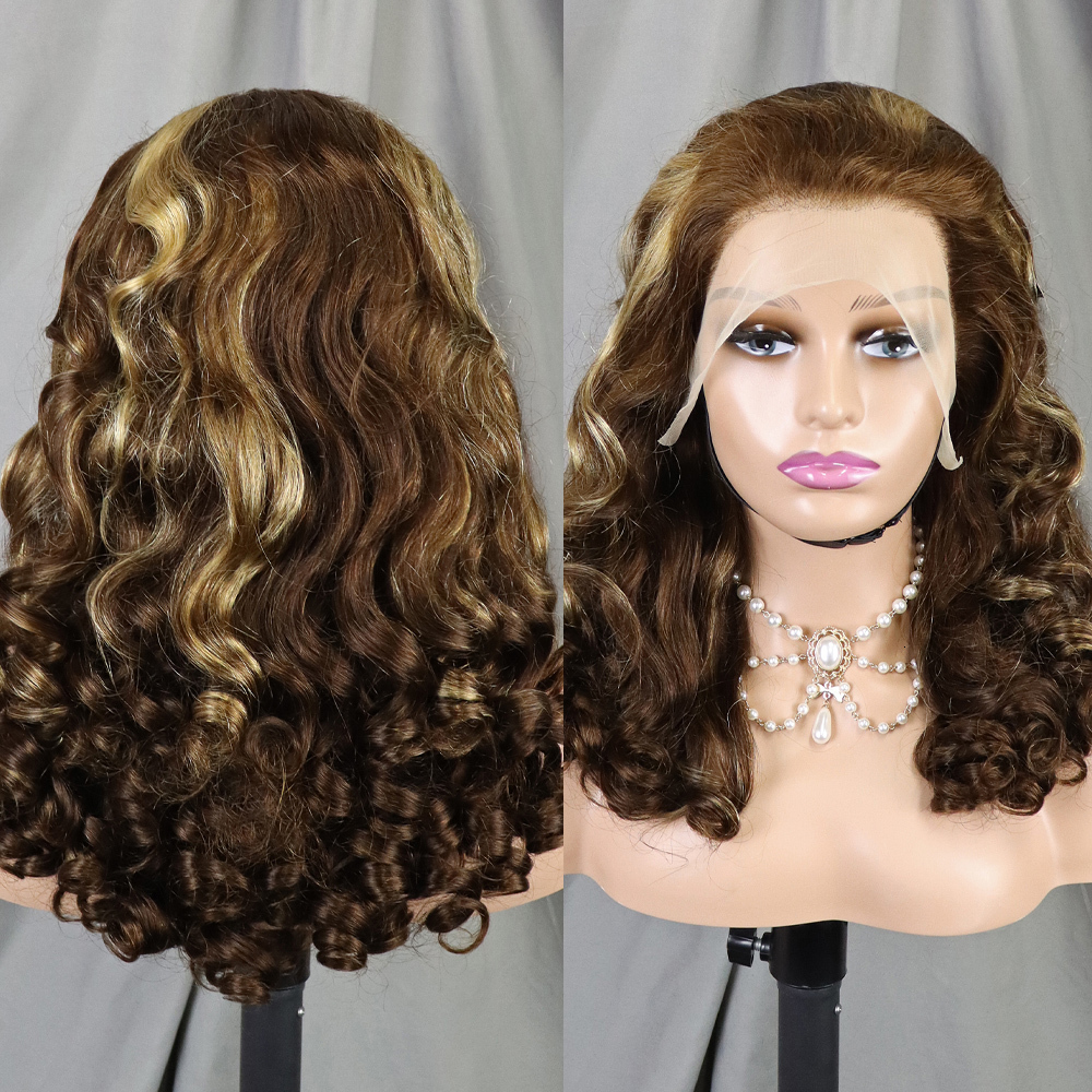 300 Density 100% Human Loose Wave Fumi Bouncy Curly Ombre Double Drawn Hair 13X4 HD Lace Frontal Wigs