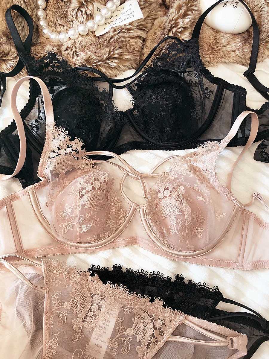 Sexy Hollow Women Underwear Lace Floral Embroidery French Ultra Thin Cup Push Up Bra Set Adjustable Strap Brassiere Panties SetsXJ241205