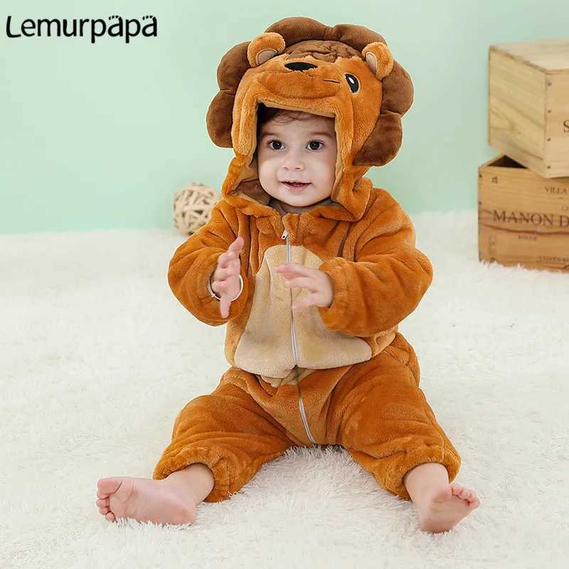 Pajamas Baby Boys Girls Thicken Onesie Infant Winter Warm Zipper Hoodie Jumpsuit Anime Cartoon Lion Rompers Pajamas H241205