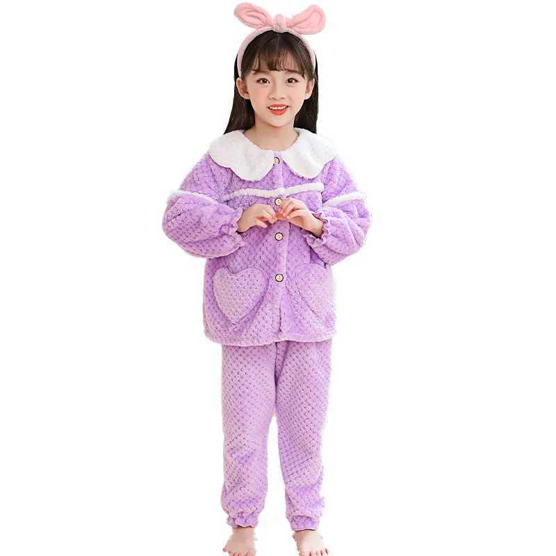 Pajamas 2Pcs/set childrens winter padded and thickened warm pajamas solid color cardigan girls homewear facecloth long-sleeved long pan H241205