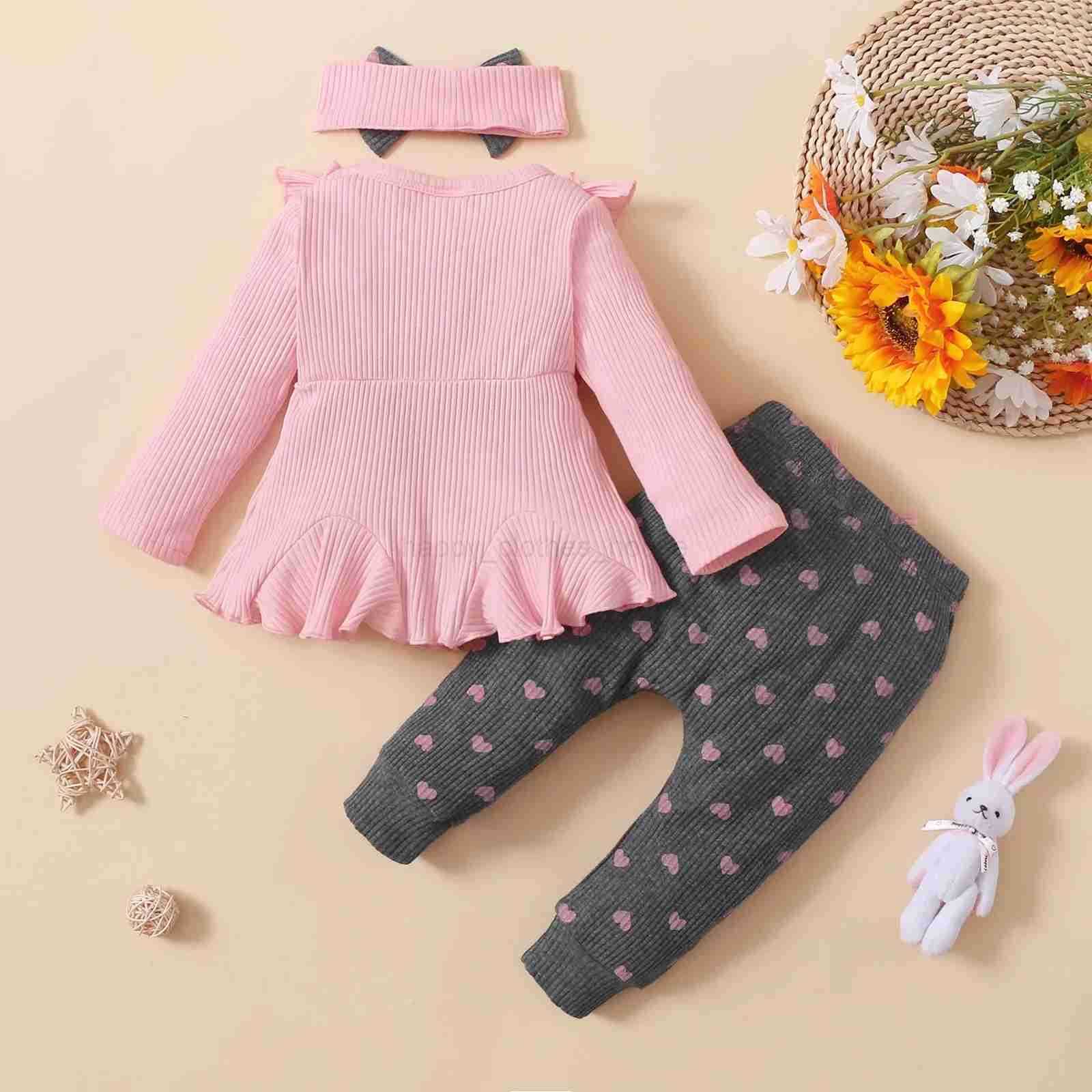 Newborn Baby Girls Clothes Set Pink Toddler Ruffle Tops Heart Print Bow Trousers Princess Casual Infant Outfits Clothes SuitXJ241205