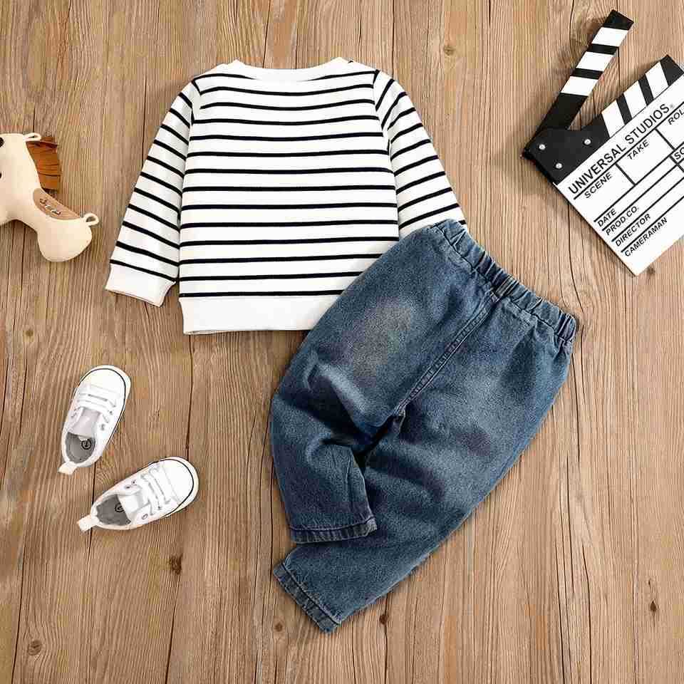 0-24 Months Spring Autumn New Boy Girl And Toddler Elephant Stripe Top Casual Cute Print Jeans SetXJ241205