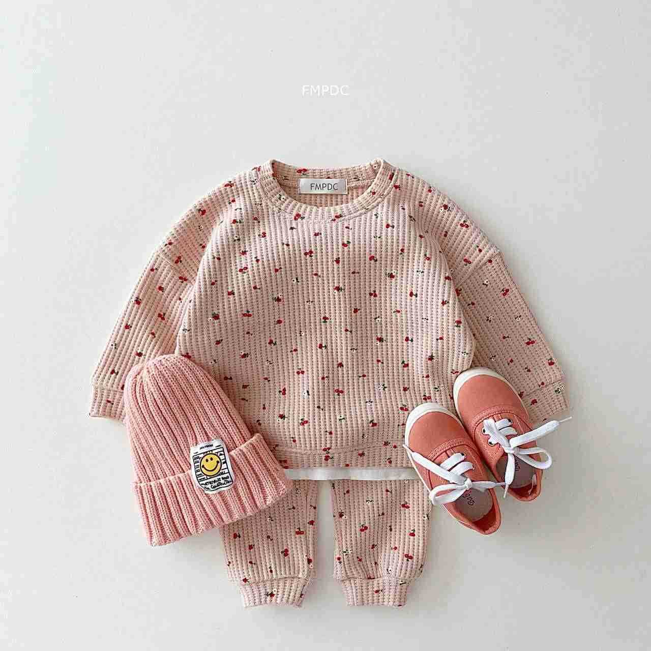 2022 New Toddler Kids Waffle Cotton Clothes Set Many Fruits Print Sweatshirt + Casual Pants 2pcs Boys Suit Baby Girl OutfitsXJ241205