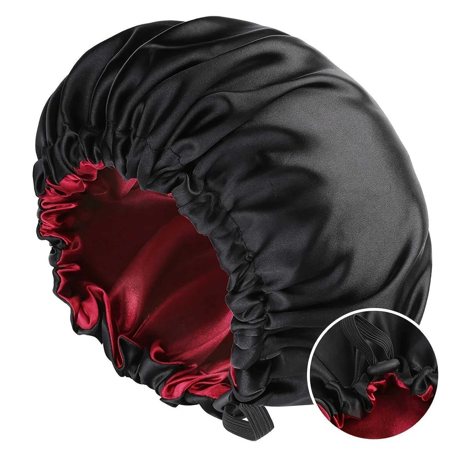 Fashionable Bonnet Solid Color Silky Satin Fabric Elastic Button Double Layer Sleep Hair Hat Womens Aily Home Casual Sleep HatXJ241205